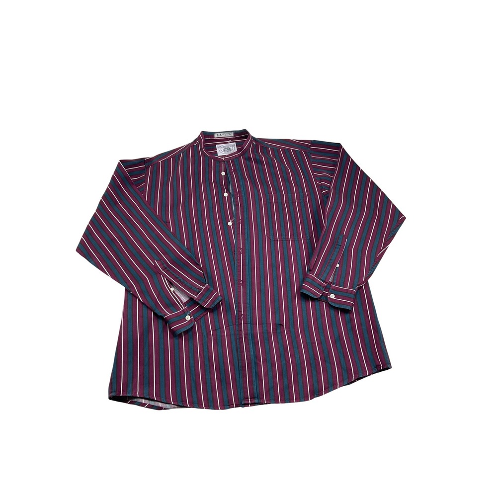 John Ashford Sport Mens Large Band Collar Striped Button Down Shirt Burgundy